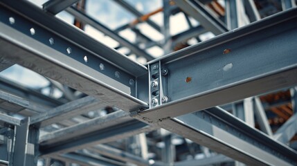 Steel beams and girders form a structural framework with bolted connections.