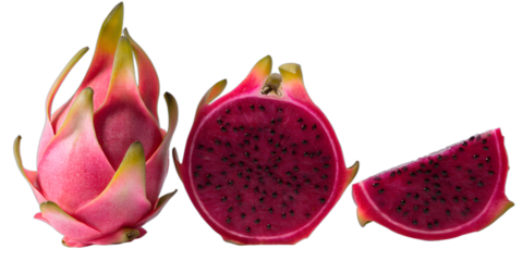 Dragon Fruit's Tropical Delight: A close-up showcases vibrant dragon fruit, a visual feast with its striking pink exterior, a cross-section revealing its exotic interior with tiny black seeds.