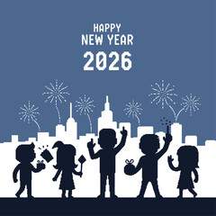 Happy New Year 2026 fireworks celebration silhouettes of people enjoying the festive season and city skyline