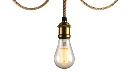 Close-up of a vintage-style bulb suspended by a rope against black