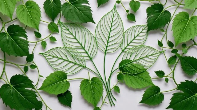Fresh green leaves arrangement on white background
