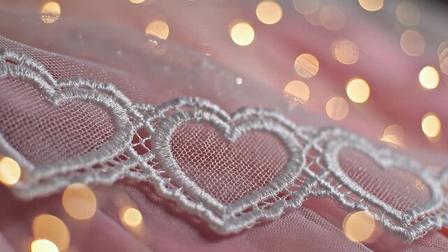 Delicate lace heart trim pink fabric bokeh lights romantic detail close up textile delicate lace heart trim pink fabric with warm bokeh lights creating romantic mood delicate lace heart border pink
