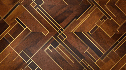 Intricate Geometric Wood Pattern: a close-up of an exquisite, geometric pattern meticulously inlaid within a wooden surface, showcasing the beauty of craftsmanship.