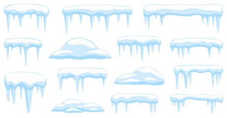 Snow and icicle border collection with frozen drip edges and soft snow caps isolated on transparent background