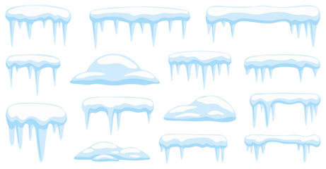 Snow and icicle border collection with frozen drip edges and soft snow caps isolated on transparent background
