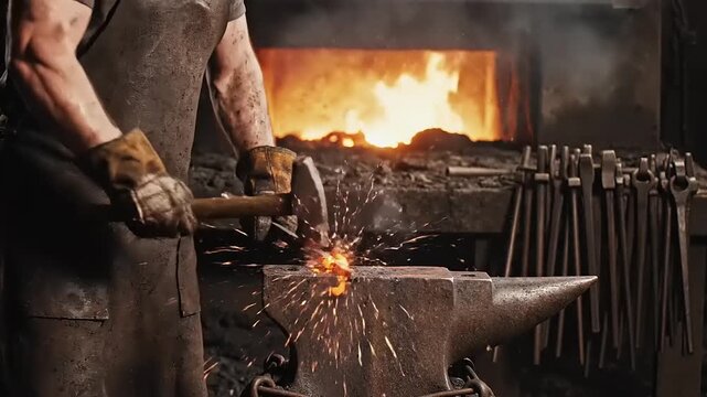 Blacksmith working at an anvil with glowing metal and sparks