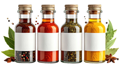 Four spice jars with contents and blank labels, surrounded by garnish