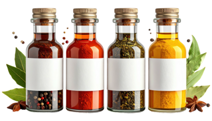 Four spice jars with contents and blank labels, surrounded by garnish