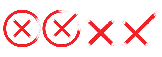 check mark, tick mark, and cross brush sign red checkmark and red X icons. Cross box x check mark checkbox v list vector draw. checklist symbol wrong circle. Vector Illustration