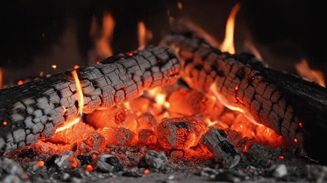 Glowing ember charred log burning fire fireplace orange flame coal bed ash texture smoky closeup warm glow charcoal heat ember bed campfire scene charcoal flame ash glow burning log fireplace ember