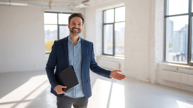 A real estate agent stands in a spacious, empty room, holding a black document folder