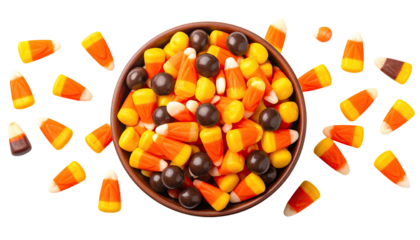 Candy corn and chocolate balls spill from bowl, Halloween treat