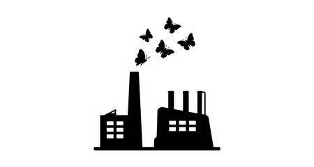 Obraz premium Minimalist 2D flat vector illustration of Factory silhouette emitting butterflies instead of smoke, flat vector, clean lines, isolated on white background, modern graphic design concept a...