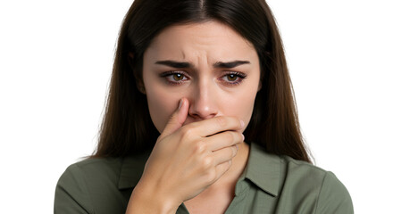 Woman with hand on mouth for stress or anxiety expression, Isolated transparent background