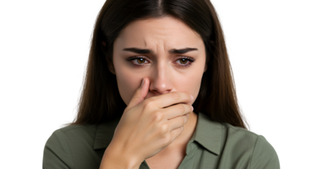 Woman with hand on mouth for stress or anxiety expression, Isolated transparent background