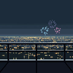 Mesmerizing pixel art cityscape at night, showcasing a vibrant urban panorama with distant fireworks illuminating the twilight sky, an impressive digital illustration of an evening celebration