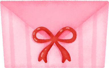 A pink envelope with a red bow on it