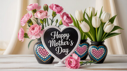Happy mother's day bouquet with pink carnations and white tulips