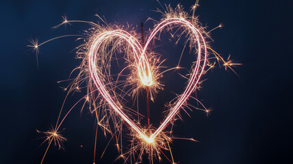 Heart shape sparkler light painting on a dark background