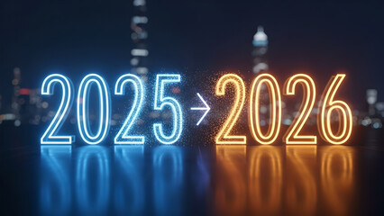 New Year 2026 Neon Transition with Glowing Numbers and Futuristic City Skyline Night Background