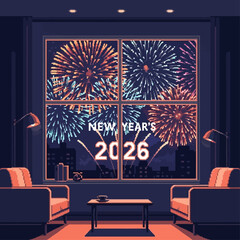 Vibrant pixel art illustration capturing a cozy New Year's celebration moment, showcasing spectacular fireworks over a nocturnal city skyline view from a living room window