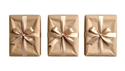 Three wrapped rectangular gifts with beige paper and satin bows, top view