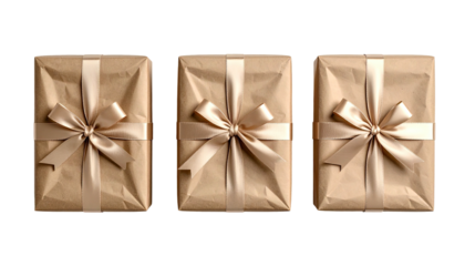 Three wrapped rectangular gifts with beige paper and satin bows, top view