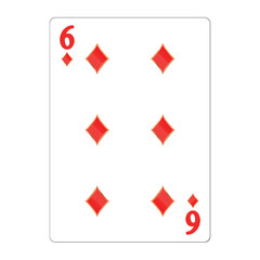 Obraz premium Six of diamonds. Playing card with golden elements. Casino icons. Pictograms representing different suits. Vector illustration. Flat design for modern visual elements.