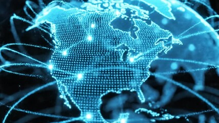 Glowing digital globe with network connections across continent and glowing blue data points orbiting space, streaming lines and network connection evoking global data communication technology - Powered by Adobe