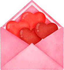 A pink envelope with four hearts inside