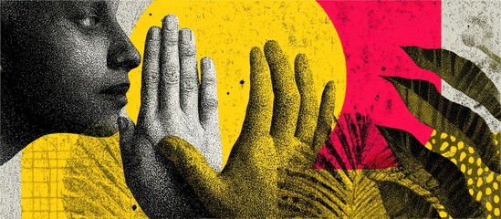 A person touching a yellow hand with a colorful, abstract background
