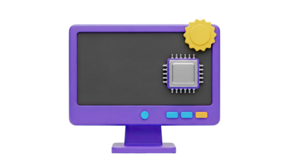 3D Computer monitor with CPU and award symbol icon on transparent background