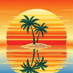 Minimalist tropical island illustration with vibrant orange and teal colors perfect for summer vacation themed graphic designs