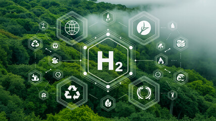 Green hydrogen technology for a sustainable future, with h2 at its core, surrounded by environmental icons