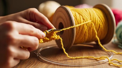 Closeup shot of skilled hands meticulously crocheting vibrant yellow yarn from a large wooden spool demonstrating the intricate process of handmade textile creation and the relaxing hobby of crafting.