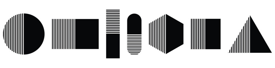 Geometric shapes vector. Square, circle, rectangle, triangle. Striped geometric shapes in half. Trendy minimalist basic figures. Vector illustration.