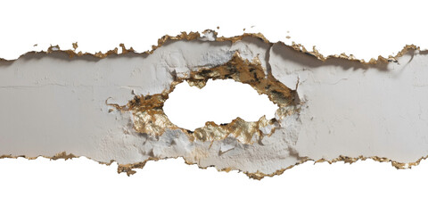 Damage on the surface: A close-up view reveals a section of a surface, marred by a significant hole and signs of damage. The edges are rough and deteriorated.