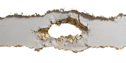 Damage on the surface: A close-up view reveals a section of a surface, marred by a significant hole and signs of damage. The edges are rough and deteriorated.