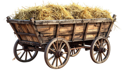 Weathered wooden cart overflowing with golden hay, viewed from the side