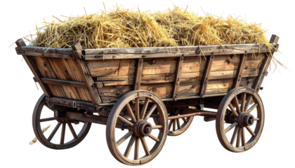 Weathered wooden cart overflowing with golden hay, viewed from the side