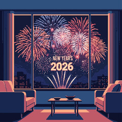 Spectacular New Year's Eve fireworks light up the sky over a modern city skyline viewed from a cozy living room, marking the transition to 2026