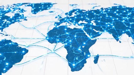Blue network map of continents with glowing blue network nodes and illuminated connection points, links and glowing lines arching between hubs across stylized world map to convey global data - Powered by Adobe