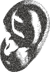 Ear retro y2k stipple design listen halftone brutalist urban vector png with clear background, hearing 2000s photocopy grunge tattoo gen z effect