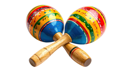 Pair of brightly painted maracas, crossed, against a black background