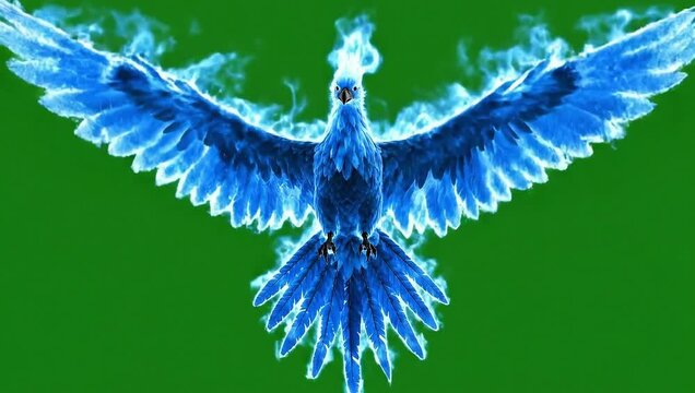 Majestic Blue Flaming Phoenix Bird Flapping Wings on Green Screen - Mythical Creature Animation Loop