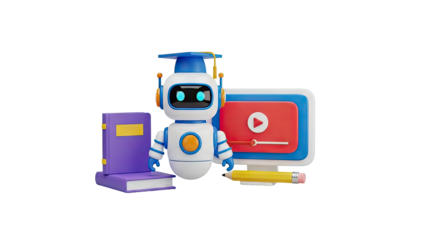 3D Robot with graduation cap, books, computer and pencil on transparent background
