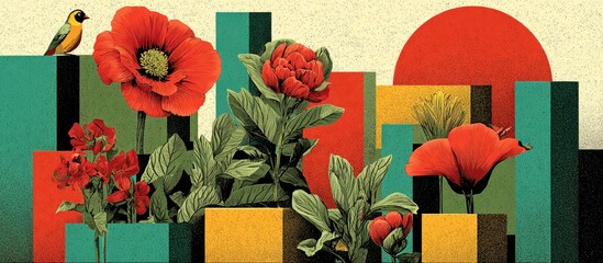 Floral and geometric collage featuring bird, blooms, and red sun