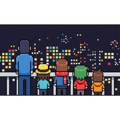 Pixel art illustration of a family enjoying a vibrant cityscape at night
