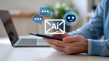 Person interacting with AI chatbot on smartphone with laptop nearby