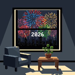 Pixelated New Year's Eve Celebration in 2026 A Retro-Futuristic Glimpse of Fireworks Over a City Skyline from a Cozy Indoor Setting